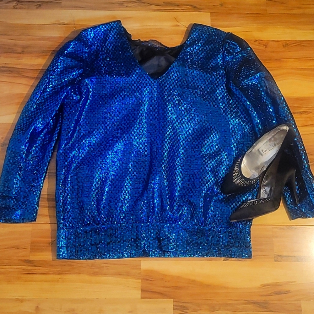 Vintage 80s Shimmery Blue Disco Costume Blouse L AS IS